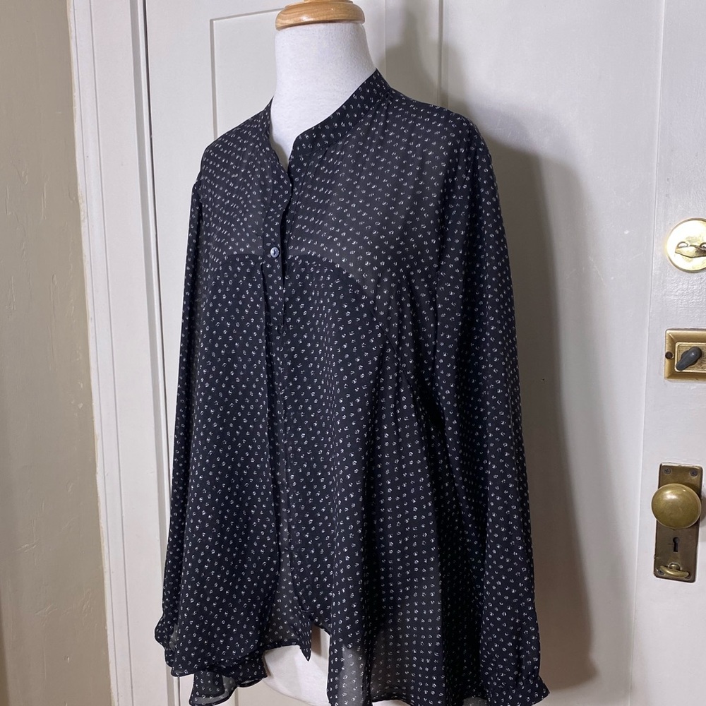 Chico's Trapeze Semi Sheer Peplum Black White Lightweight Button Blouse 16 XL